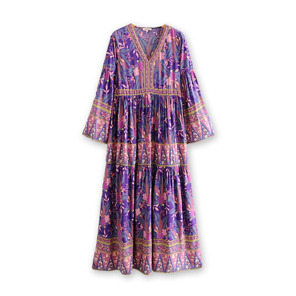 Mulberry Purple Boho Floral Print Maxi Dress