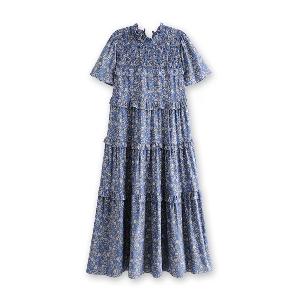 Prairie Blue Boho Floral Print Midi Dress