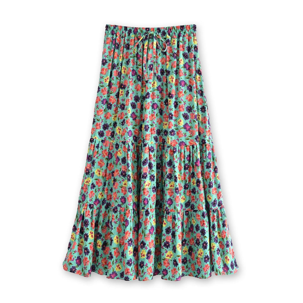 Teacup Teal Boho Floral Print Midi Skirt