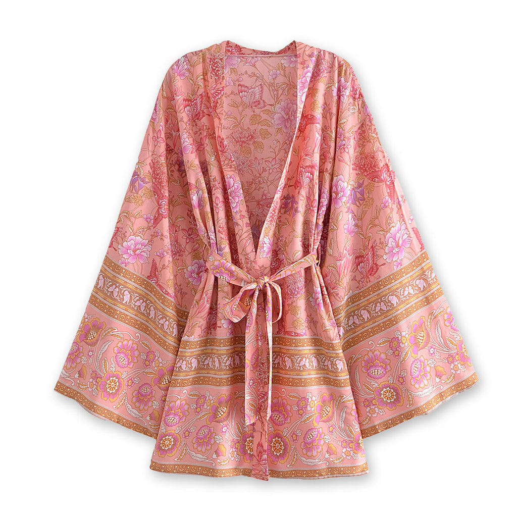 Rosy Pink Butterfly Boho Floral Print Short Robe