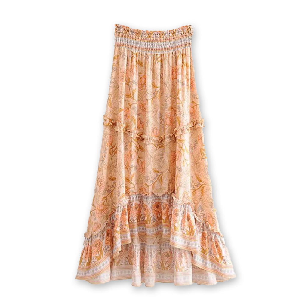 Malibu Peach Boho Floral Print Maxi Skirt