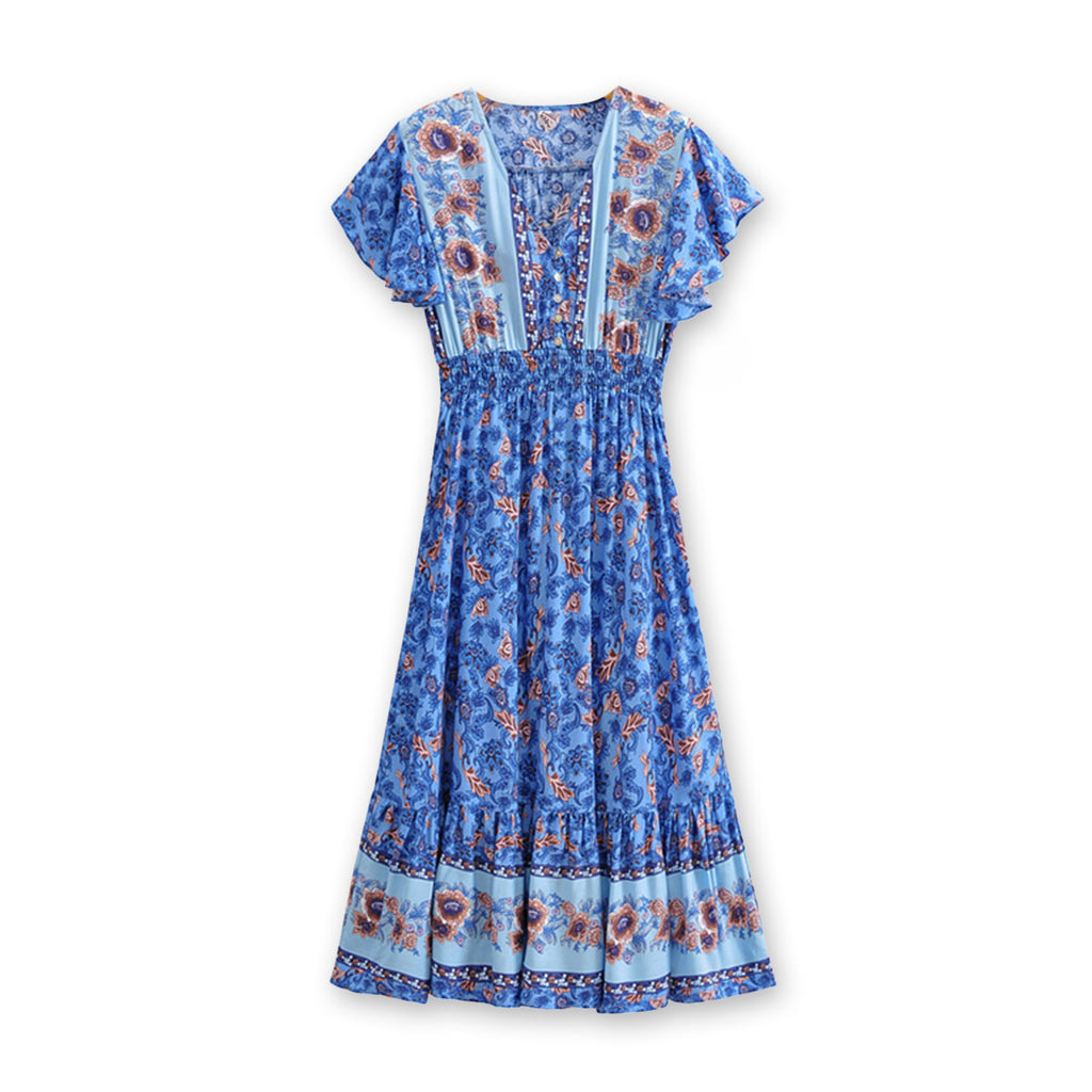 Parisian Blue Boho Floral Print Midi Dress