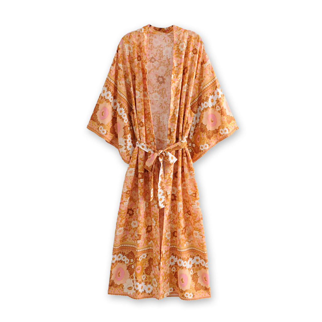 Sunstone Peach Boho Floral Print Maxi Robe