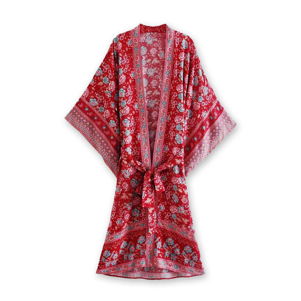 Boho Robe Rose Red Boho Floral Print Midi Robe – Queen Boheme