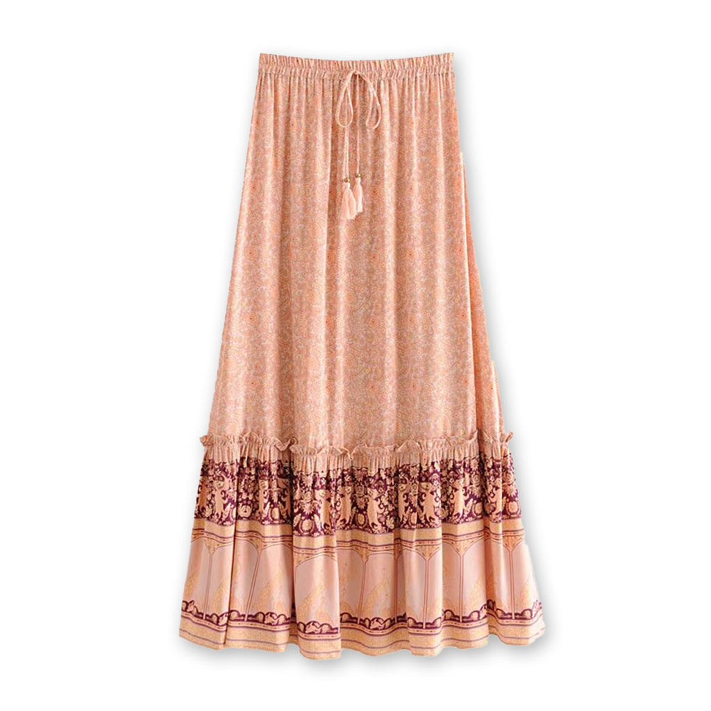 Coral Serenade Boho Floral Print Maxi Skirt