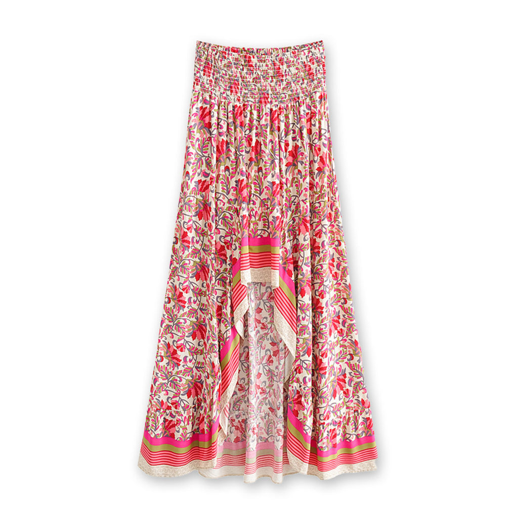 Fantasy Rose Boho Floral Print High-Low Maxi Skirt