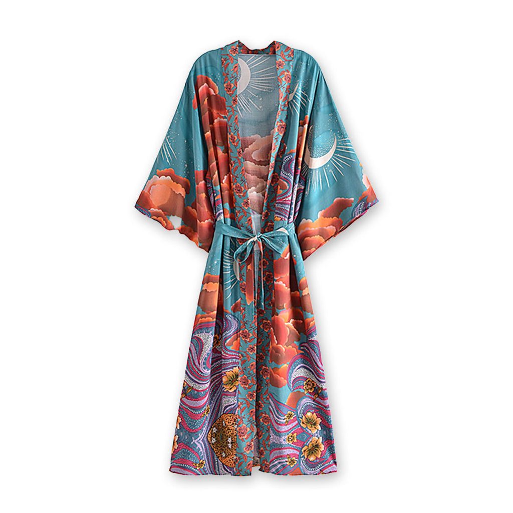Moonstruck Teal Goddess Boho Kimono Maxi Robe