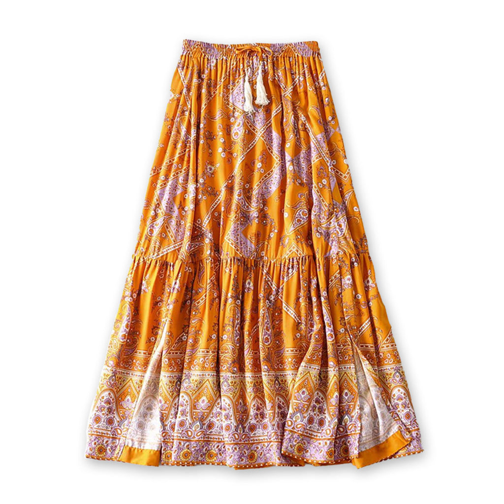 Golden Amber Boho Floral Print Midi Skirt