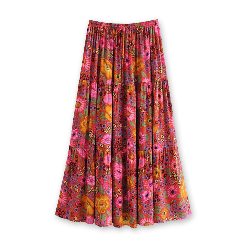 Calypso Berry Boho Floral Print Midi Skirt