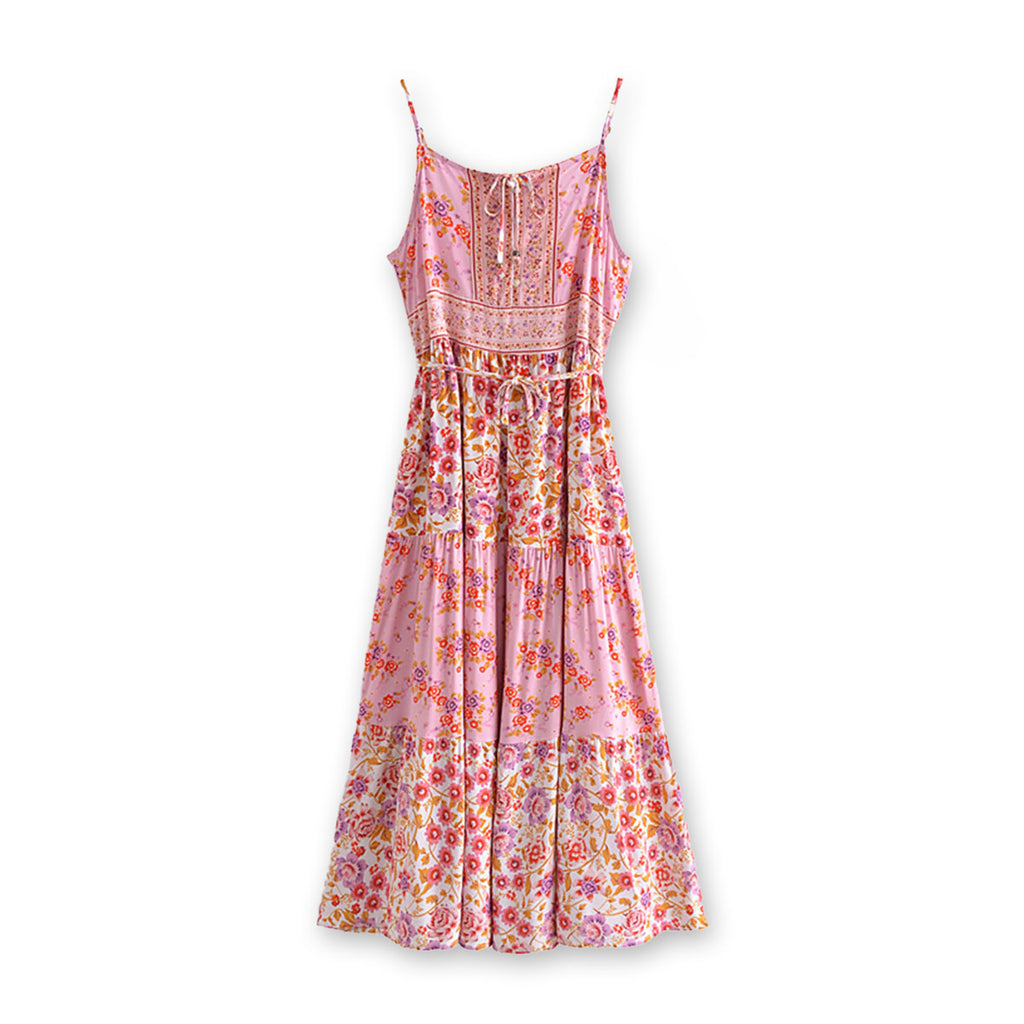 Pink Romance Boho Floral Print Midi Dress