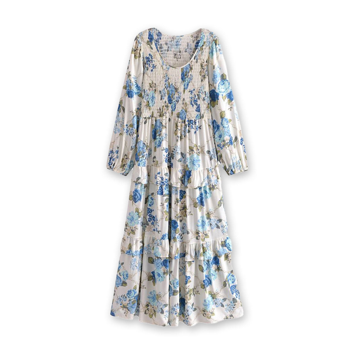 Wildflower Blue Boho Floral Print Long Sleeve Maxi Dress Queen Boheme Wildflower Blue Boho Floral Print Long Sleeve Maxi Dress Queen Boheme