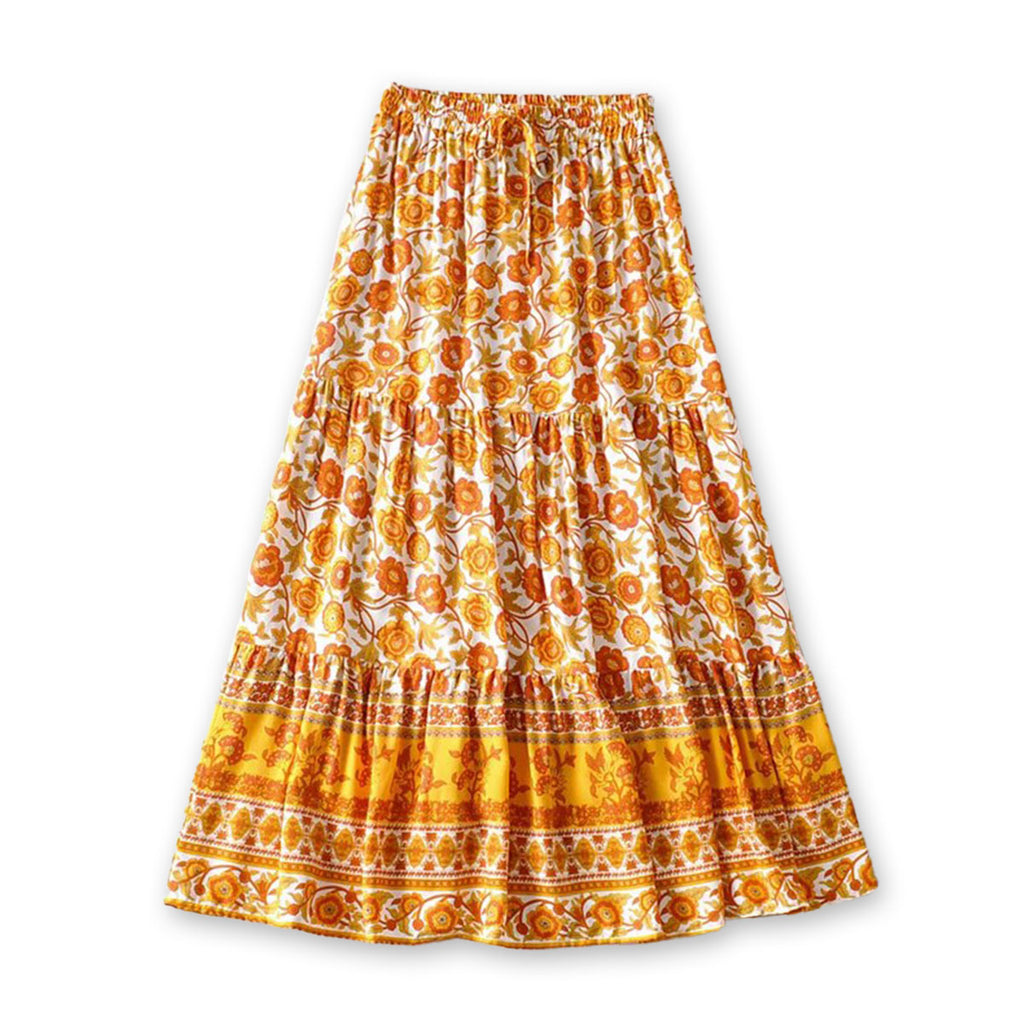 Marigold Orange Boho Floral Print Midi Skirt - Main Image