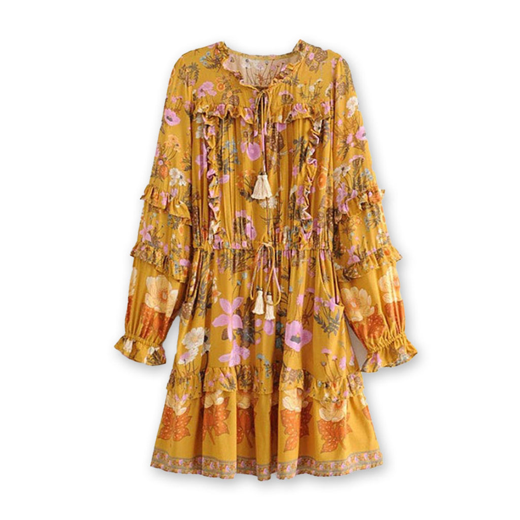 Golden Hour Boho Floral Print Long Sleeve Mini Dress