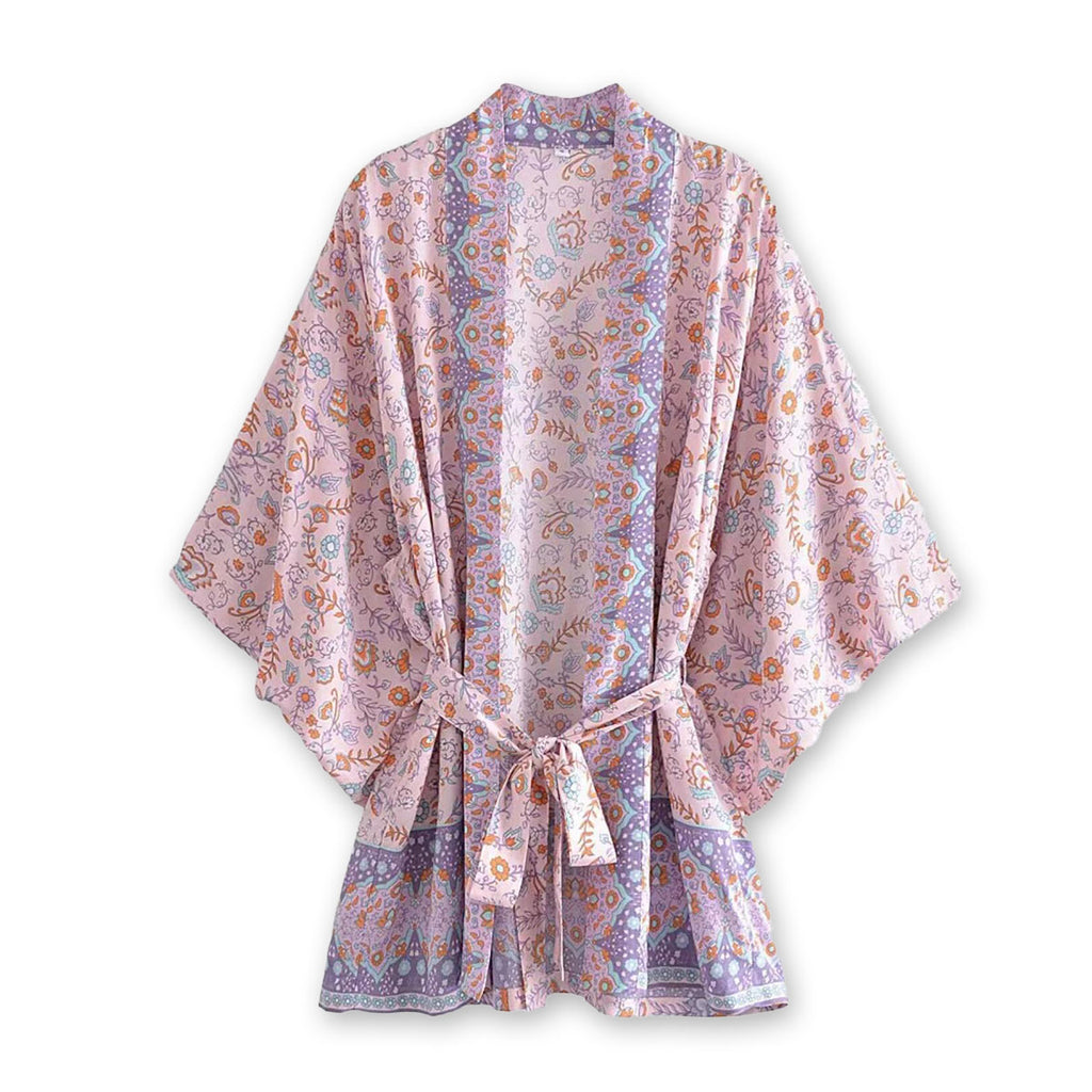 French Lilac Boho Floral Print Short Robe