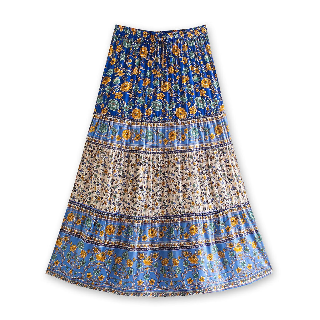 Cornflower Blue Boho Floral Print Midi Skirt