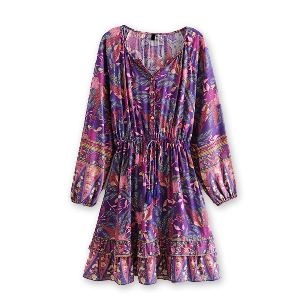knee length dresses for ladies Purple Wisteria Boho Floral Print Long Sleeve Mini Dress L / Purple knee length dresses for ladies Purple Wisteria Boho Floral Print Long Sleeve Mini Dress L / Purple