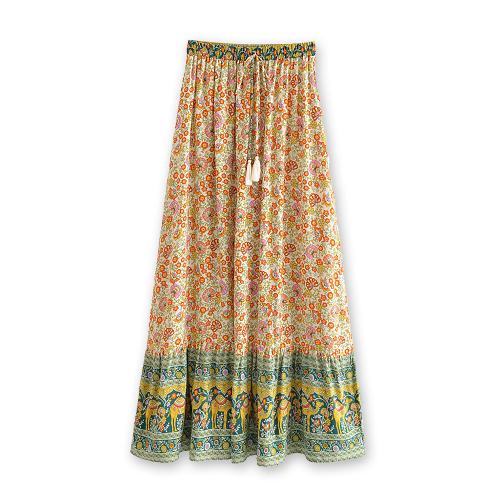 Saffron Camel Boho Floral Print Maxi Skirt