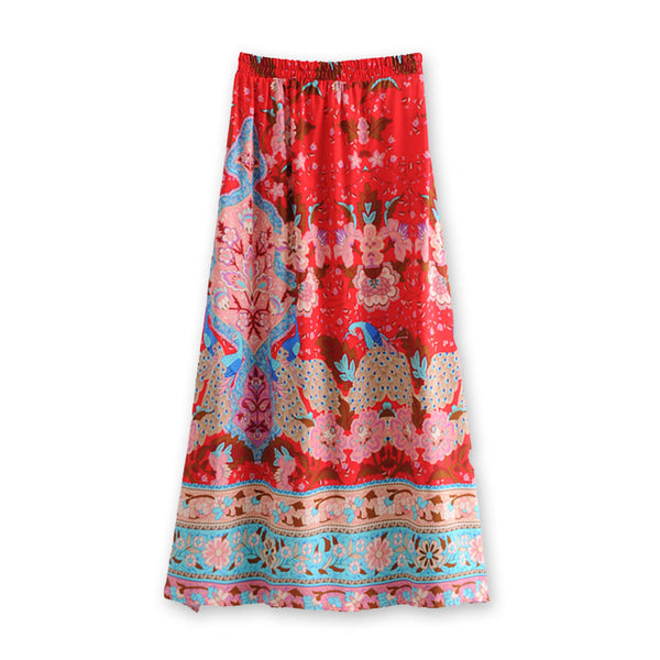 Ravishing Red Floral Print Boho Midi Skirt