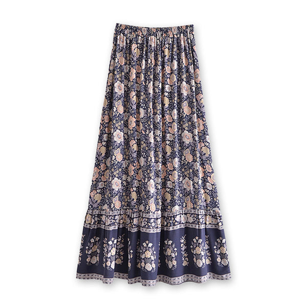 Midnight Blue Boho Floral Print Maxi Skirt