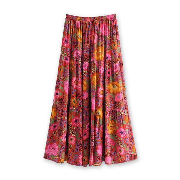Calypso Berry Boho Floral Print Midi Skirt