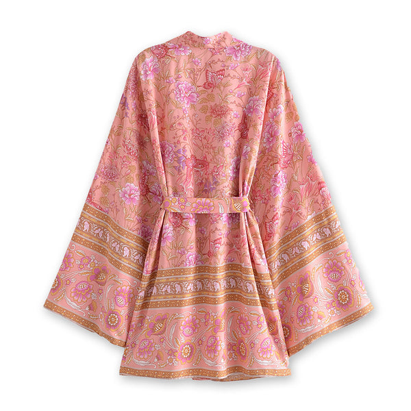 Rosy Pink Butterfly Boho Floral Print Short Robe