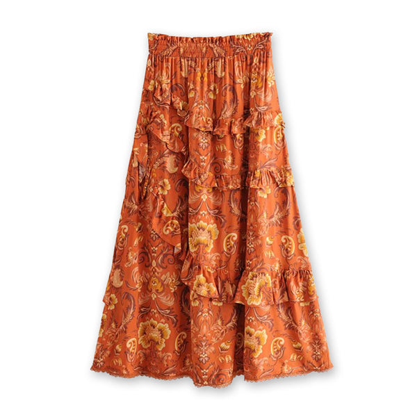 Burnt Amber Boho Floral Print Midi Skirt