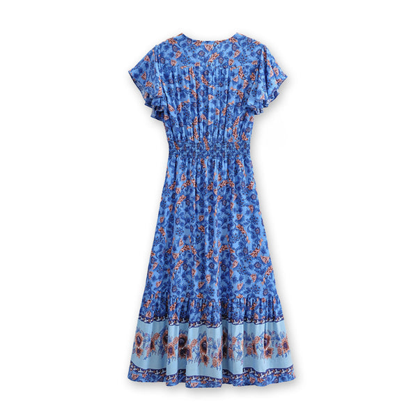 Parisian Blue Boho Floral Print Midi Dress