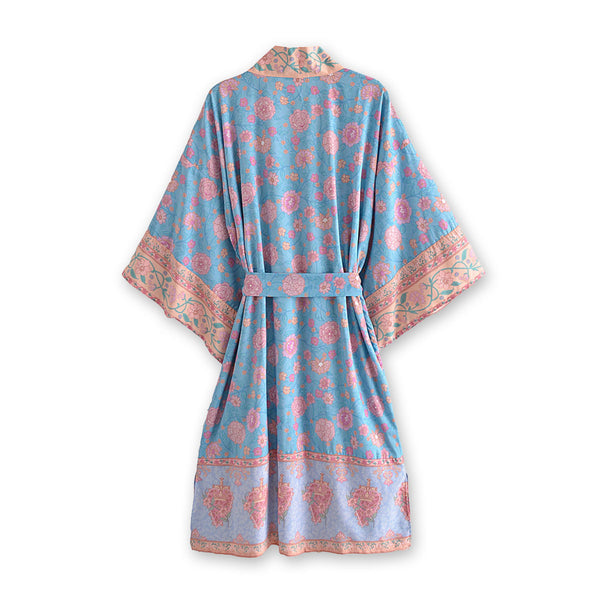 BLUE BOUQUET BOHO FLORAL PRINT ROBE