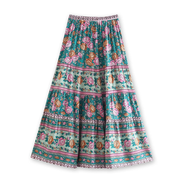 Teal Garden Boho Floral Print Maxi Skirt