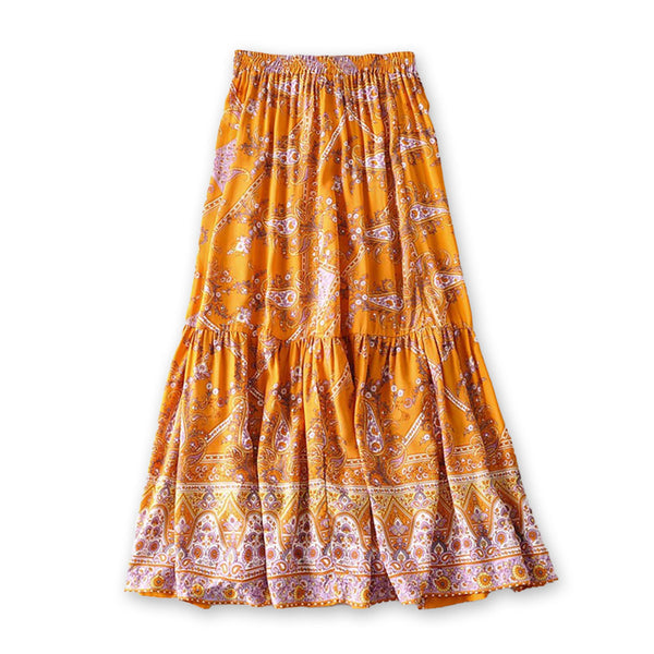 Golden Amber Boho Floral Print Midi Skirt