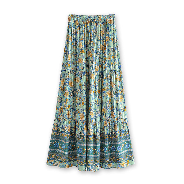 Green Meadow Boho Floral Print Midi Skirt