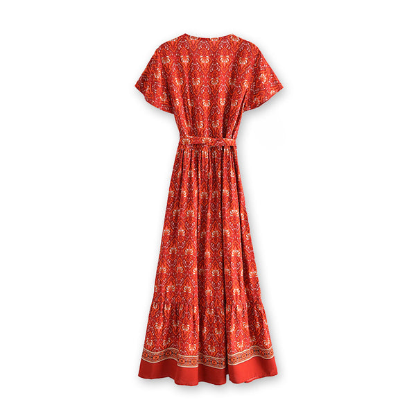 Venetian Red Boho Floral Print Maxi Dress
