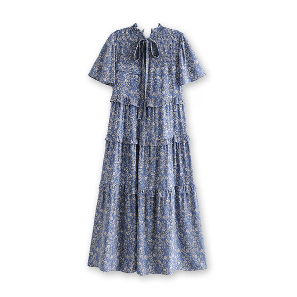 Prairie Blue Boho Floral Print Midi Dress
