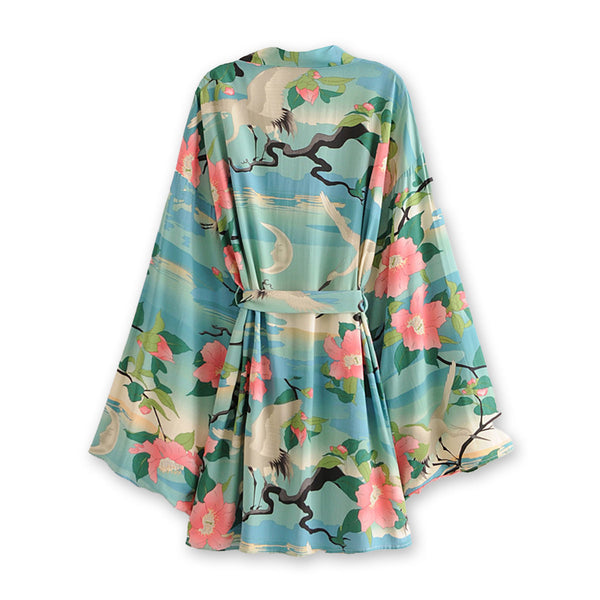 Moonlight Crane Boho Floral Print Short Robe