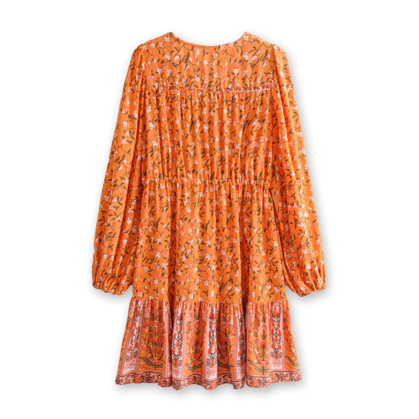 Orange Blossom Boho Floral Print Long Sleeve Mini Dress