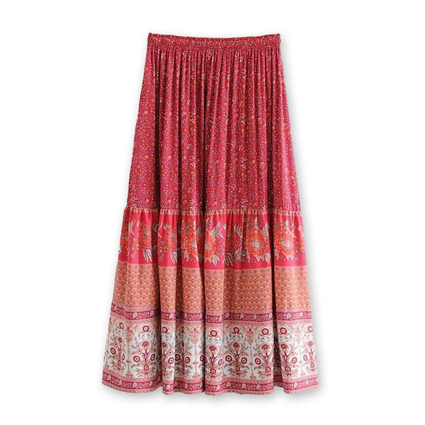 Ruby Red Boho Floral Print Midi Skirt