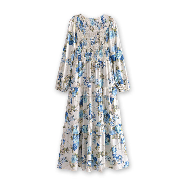 Wildflower Blue Boho Floral Print Long Sleeve Maxi Dress