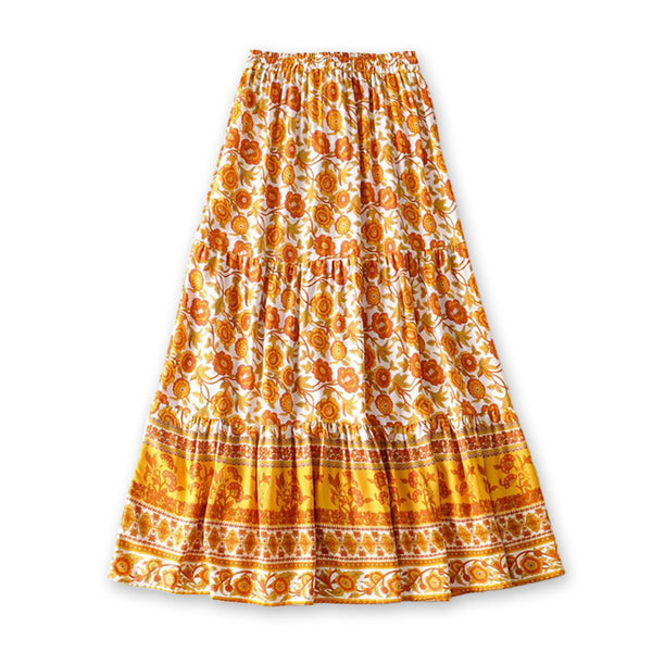 Marigold Orange Boho Floral Print Midi Skirt