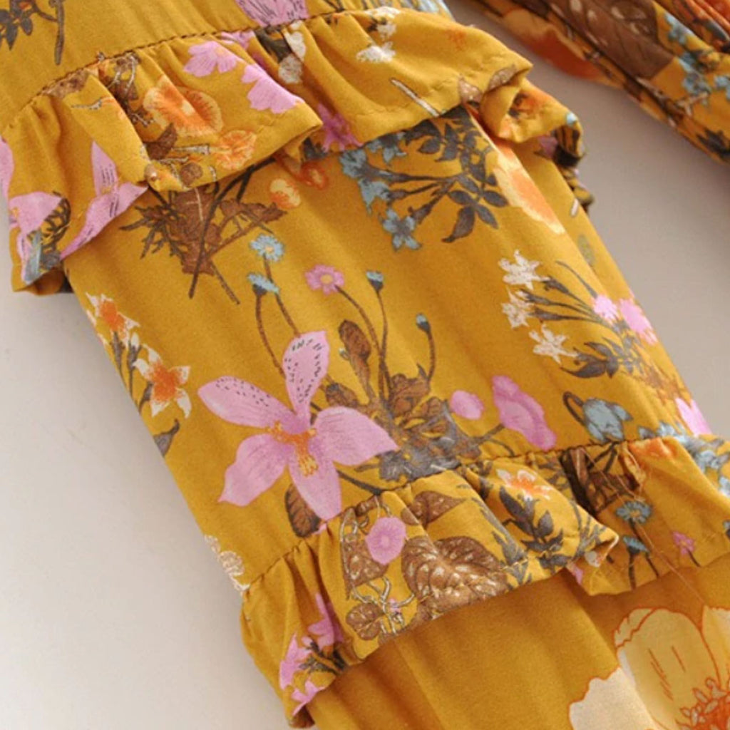 Golden Hour Boho Floral Print Long Sleeve Mini Dress – Queen Boheme