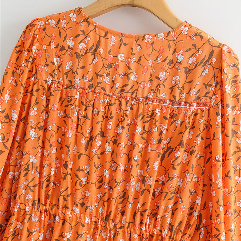 Orange Blossom Boho Floral Print Long Sleeve Mini Dress