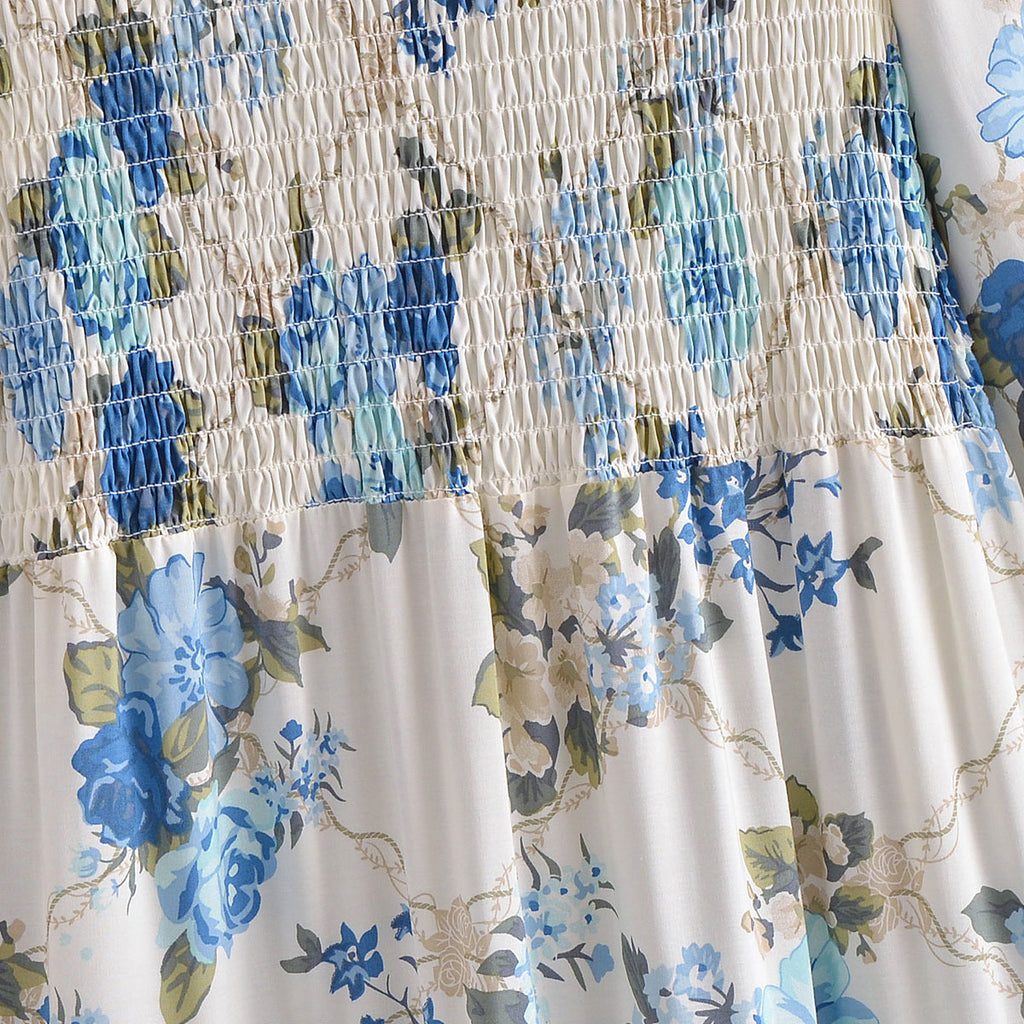 Wildflower Blue Boho Floral Print Long Sleeve Maxi Dress  Queen Boheme