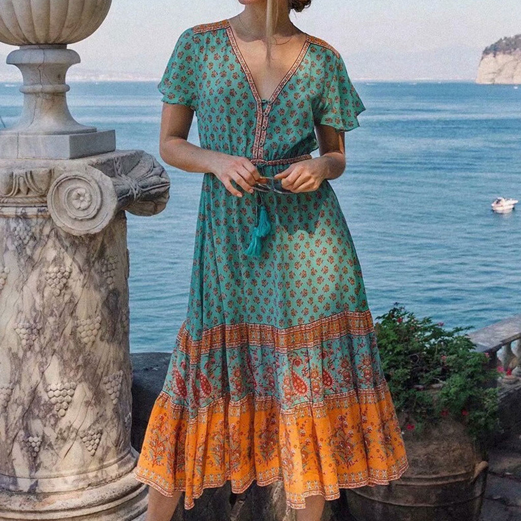 Sea Mist Boho Floral Print Midi Dress L / Green