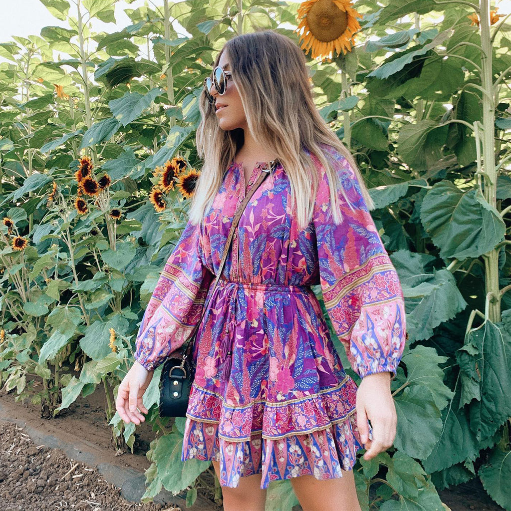 Purple Wisteria Boho Floral Print Long Sleeve Mini Dress Queen Boheme Purple Wisteria Boho Floral Print Long Sleeve Mini Dress Queen Boheme