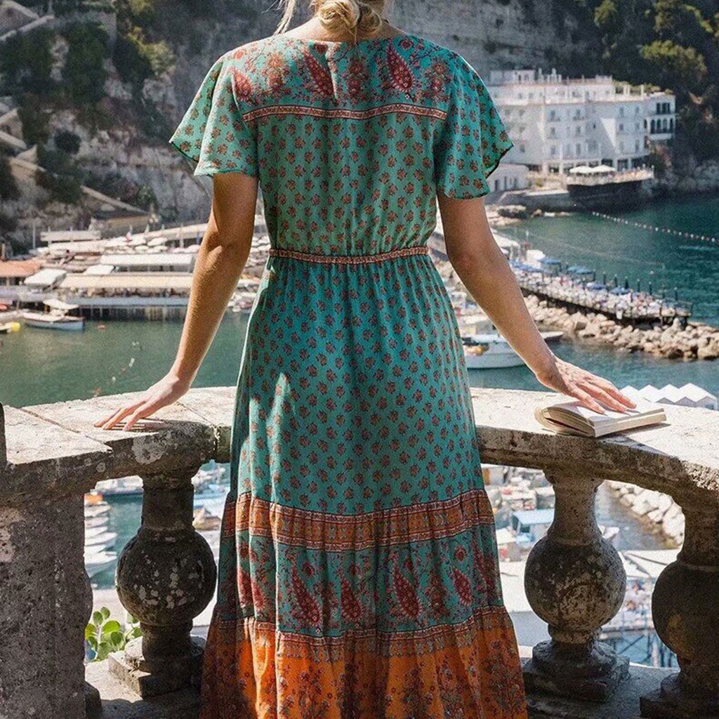 Sea Mist Boho Floral Print Midi Dress L / Green