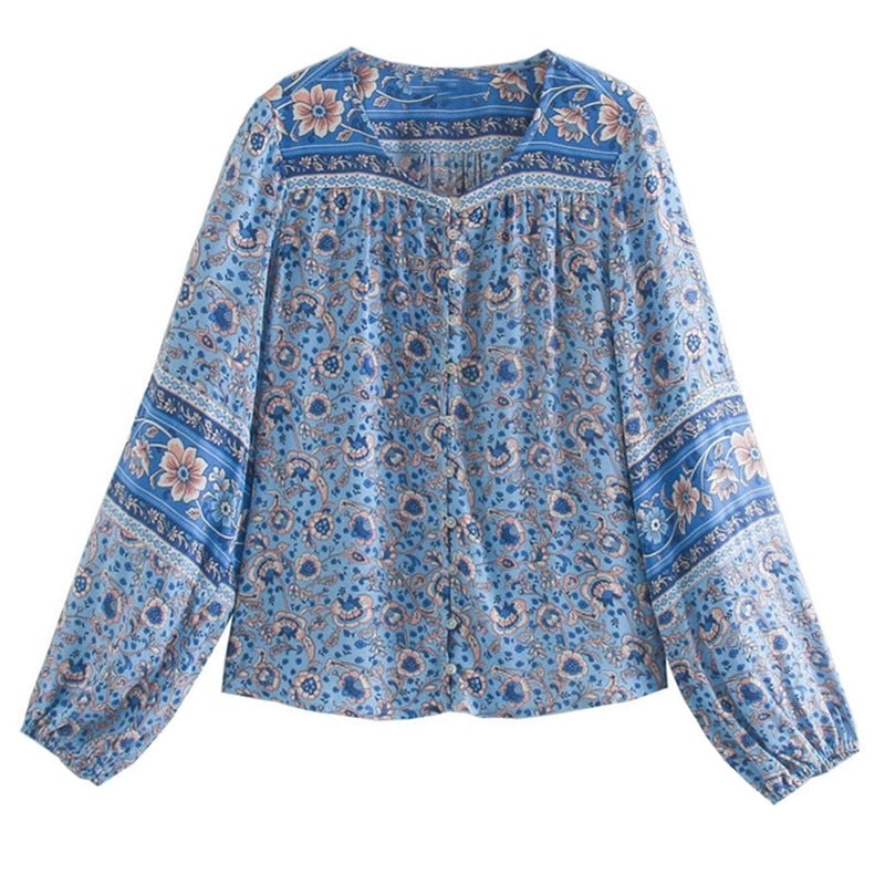 Blue Willow Boho Floral Print Long Sleeve Blouse