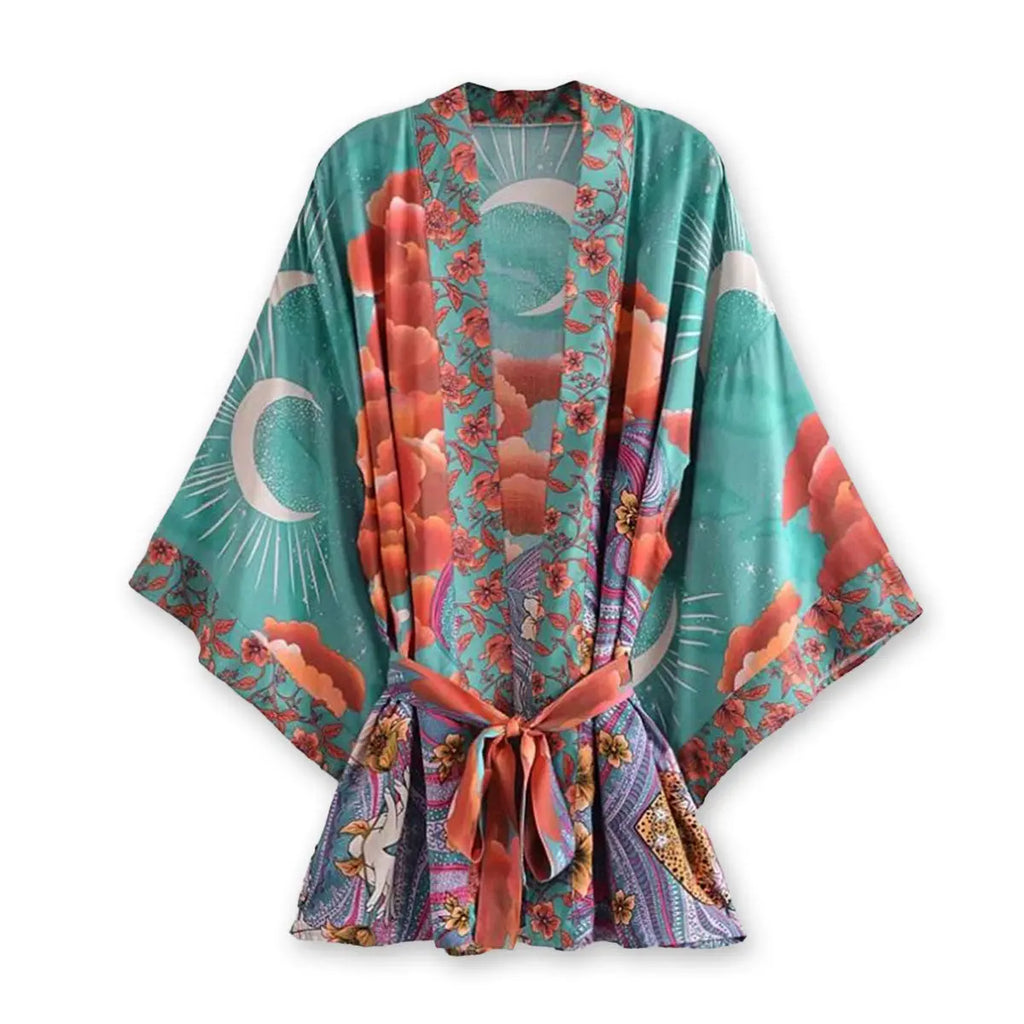 Moonstruck Teal Goddess Boho Kimono Short Robe